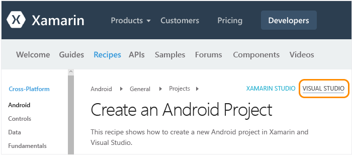 CrossPlat Xamarin Mac 2 Selecting Visual Studio to see the correct documentation on Xamarin.com
