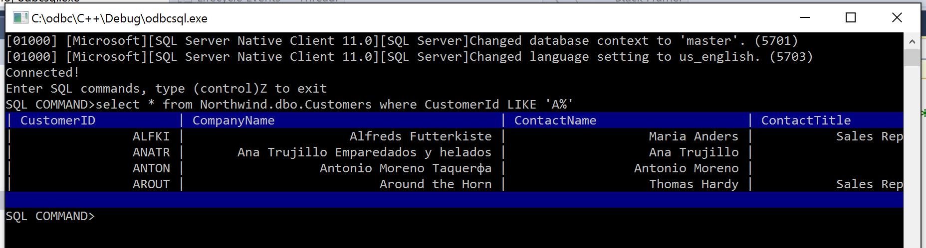 ODBC Sample query output