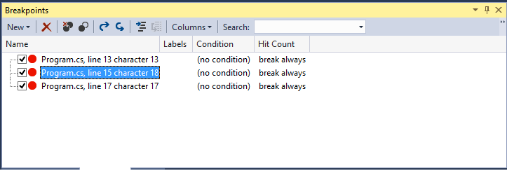 BreakpointsWindow Breakpoints window