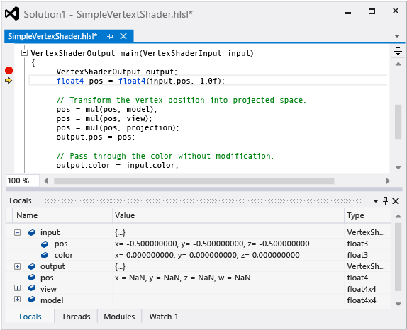 gfx_diag_demo_hlsl_debugger_orientation Debugging HLSL using watch and call stack windows.