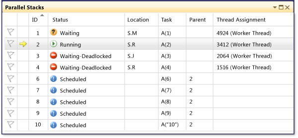 PDB_Walkthrough_10 Four task states in Parallel Stacks window