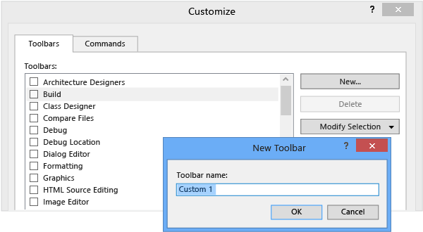 AddToolbar Customize dialog box showing how to add a toolbar