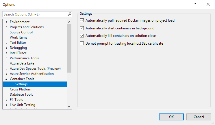Visual Studio Container Tools options, showing: Automatically pull required Docker images on project load, Automatically start containers in background, Automatically kill containers on solution close, and Do not prompt for trusting SSL certificate.