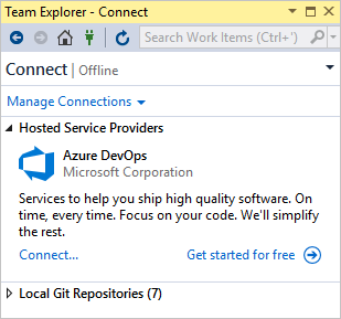 Connect page in Team Explorer