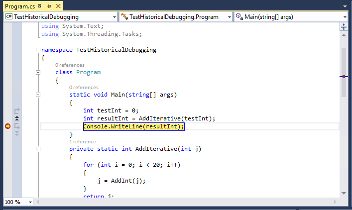 HistoricalDebuggingBreakpoint Code window at the breakpoint