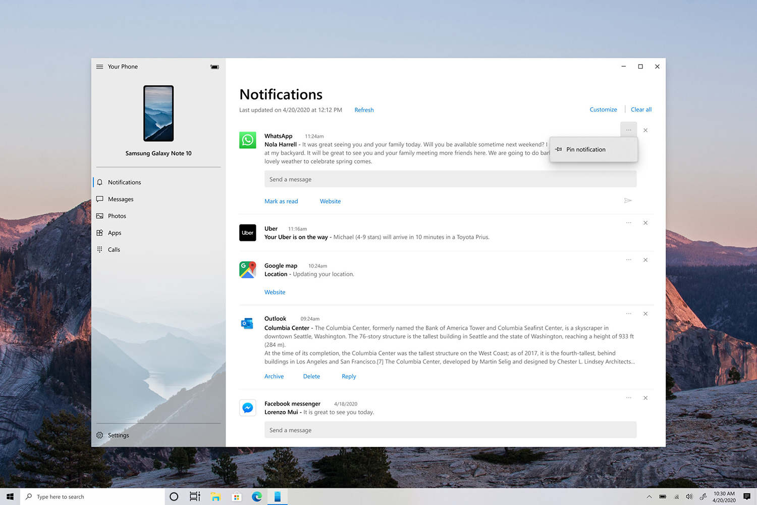Screenshot of the Your Phone app showing the Notifications feature with the expanded Notifications menu and pinning options.