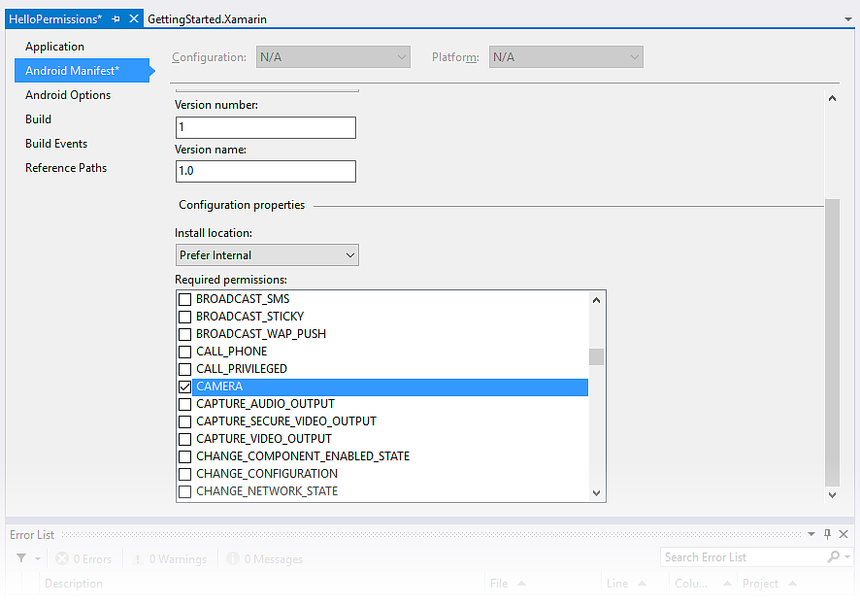 Example CAMERA permissions selected