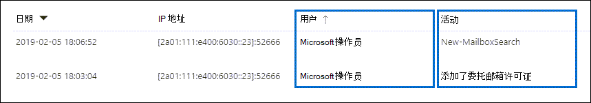 筛选“Microsoft 操作员”以显示审核记录