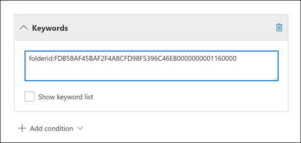 将 folderid 或 documentlink 粘贴到搜索查询的“关键字 (keyword) ”框中。