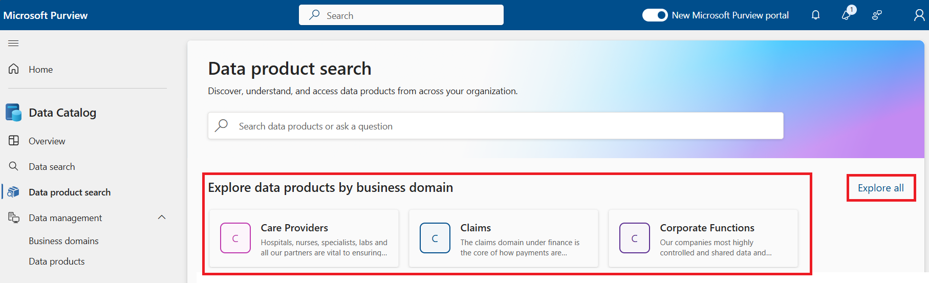 Screenshot of the data product search page, with Explore all and the business domains highlighted.
