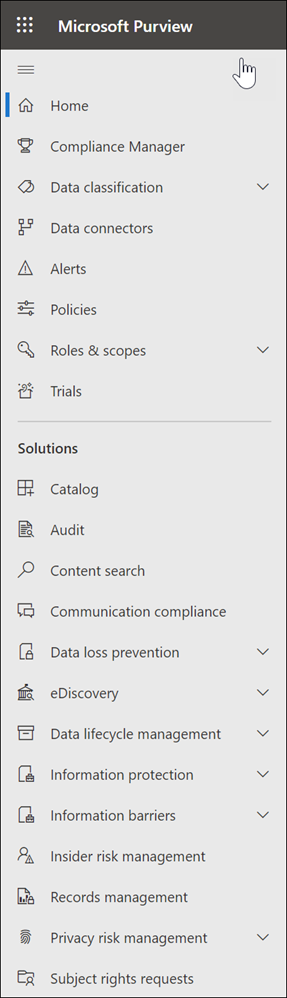 Microsoft Purview 合规性门户中的导航。