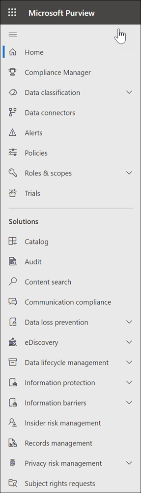 Microsoft Purview 合规门户中的导航。