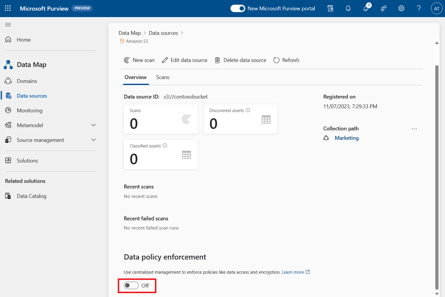 Screenshot of an Amazon S3 source page with the data policy enforcement toggle highlighted.