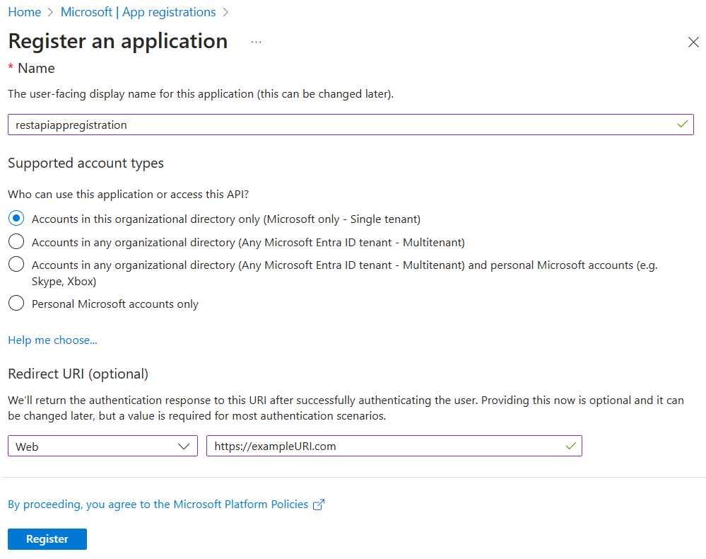 应用程序注册页的屏幕截图，其中填写了上述选项。