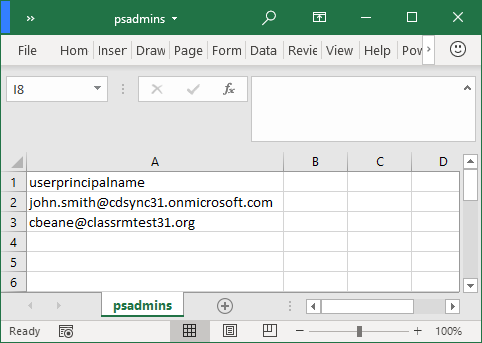 用于更新 UserPrincipal 名称的 CSV 文件。