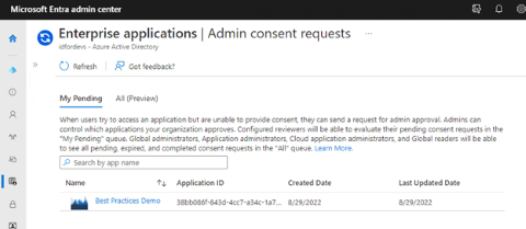 Microsoft Entra 管理中心“管理员同意请求”的屏幕截图，其中配置了挂起请求。