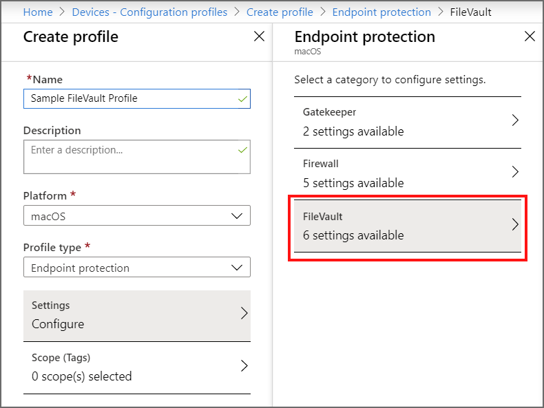 “创建配置文件”中“Endpoint protection”下的 FileVault 的屏幕截图。