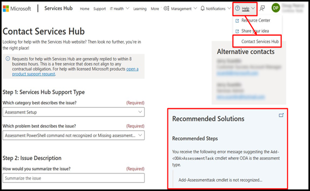显示 Services Hub“联系 Services Hub 团队”表单的屏幕截图。