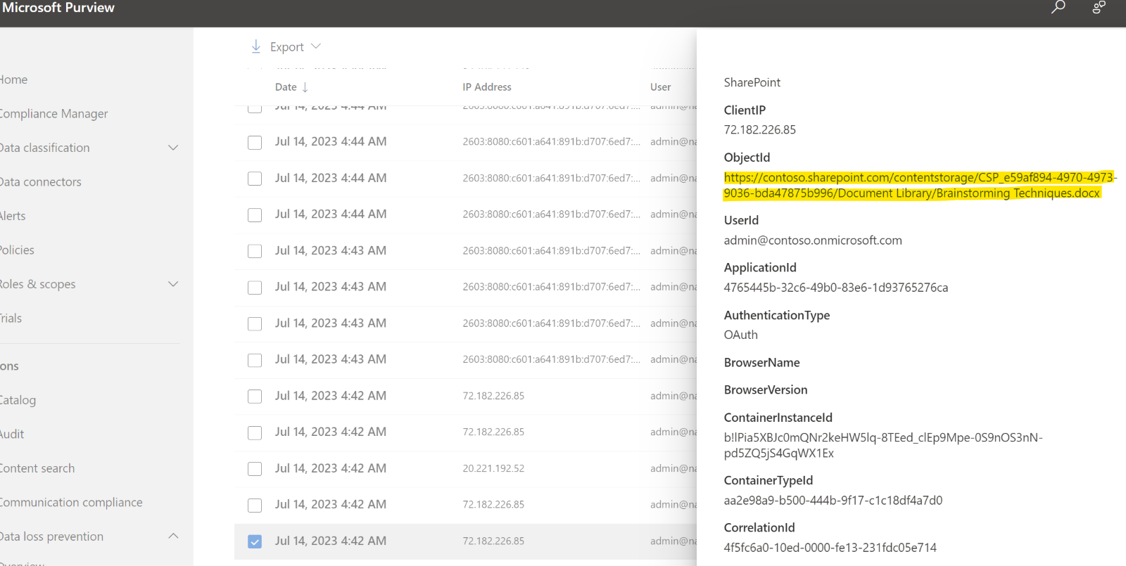Microsoft SharePoint Embedded 活动的 Purview 审核搜索结果，包括 ContainerInstanceId 和 ContainerTypeId 字段。