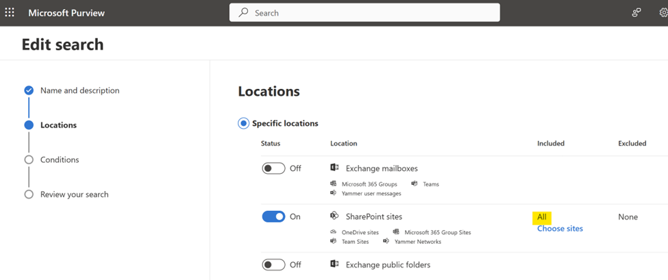 Microsoft Purview 电子数据展示配置了“所有 SharePoint 网站”以包含所有 SharePoint Embedded 容器的搜索。