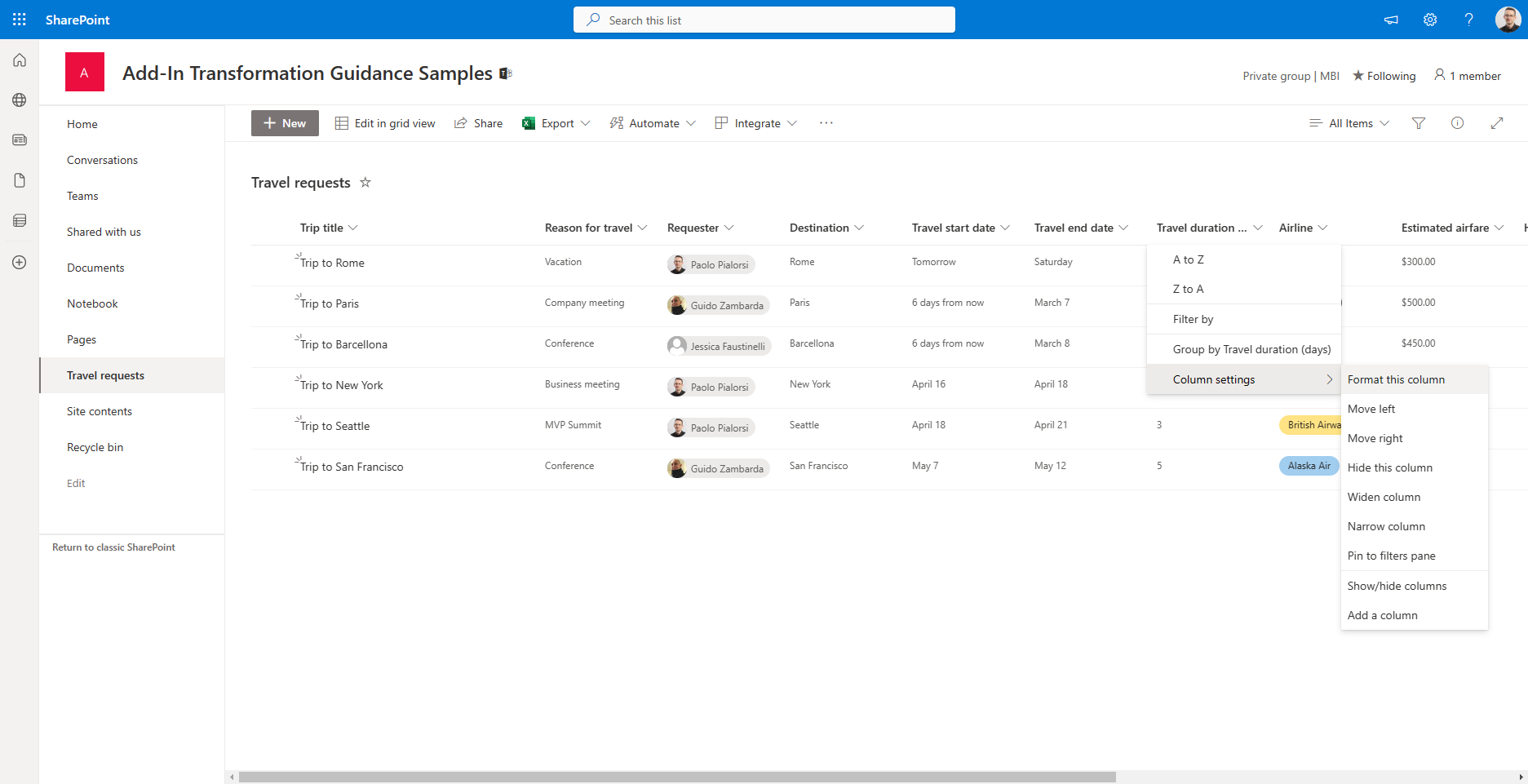 用于在 SharePoint Online 中激活列格式编辑器的上下文菜单。单击列名称旁边的箭头，选择“列设置”，然后选择“设置此列的格式”。