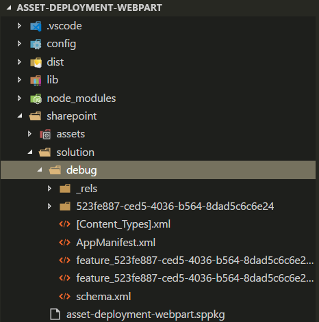 显示解决方案结构的屏幕截图,其中“sharepoint”文件夹下有“debug”文件夹
