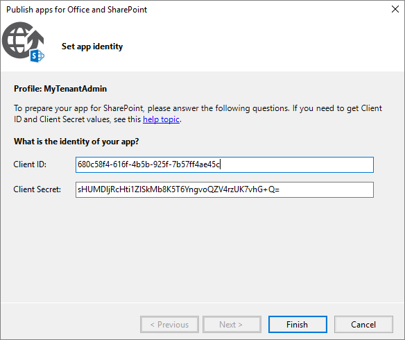 在 Visual Studio 中设置加载项标识对话框中的客户端 ID 和密码