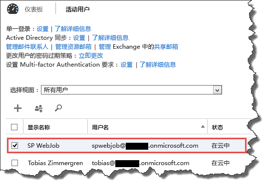 仪表板显示新创建的 SP WebJob 帐户。