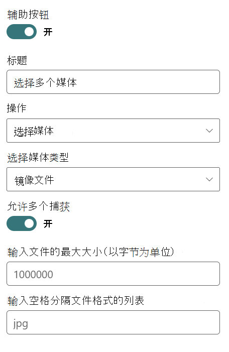 从辅助按钮的下拉菜单中将点击操作设置为“选择媒体”,并启用多个文件上传