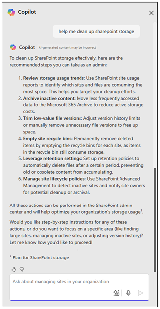 SharePoint 管理员智能体提供优化 SharePoint 存储使用情况的建议。