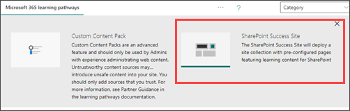 Microsoft 365 学习路径管理页中内容包的图像。突出显示了“SharePoint Success Site”选项。
