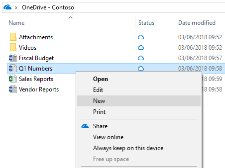 OneDrive 右键单击菜单的屏幕截图，其中包含“始终在此设备上保留”和“释放空间”选项。
