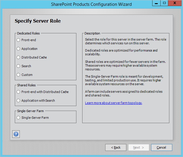 显示 SharePoint Server 2016 中包含共享角色的 PSConfig 对话框