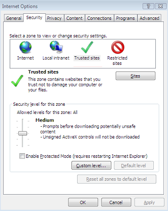 Internet 选项窗口的屏幕截图。在“安全”选项卡下，显示“受信任的站点”。