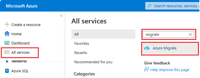 Azure Migrate 屏幕截图 – 选择服务。