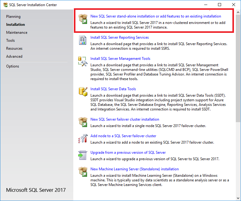 显示用于创建 SQL Server 独立安装或向现有安装添加功能的选项的屏幕截图。