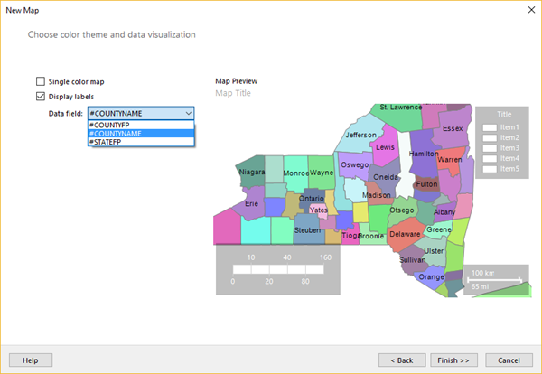 Screenshot of the Choose color theme and data visualization step of the New Map wizard.