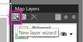 Screenshot that shows the Map Layers pane with the New Layer Wizard icon called out.