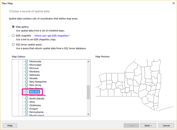 Screenshot that shows the Choose a source of spatial data step of the New Map wizard with New York called out in the Map Gallery section.