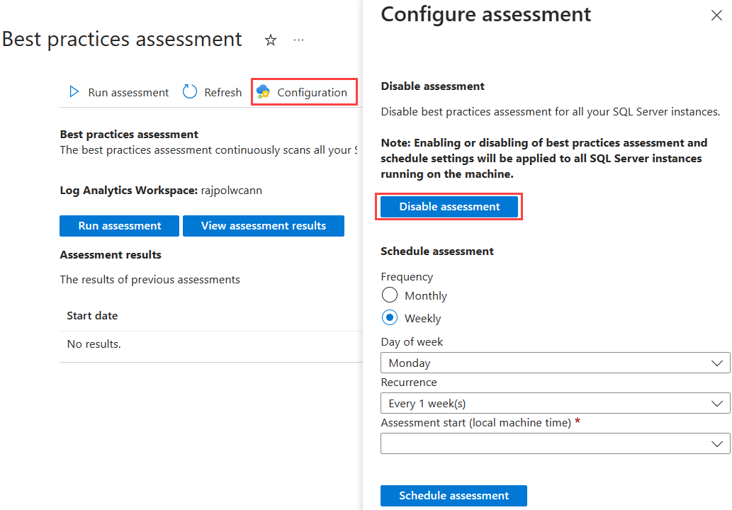 Screen shot showing configuration control and disable assessment control. 