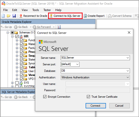 SSMA for Oracle 中“连接到 SQL Server”窗格的屏幕截图。