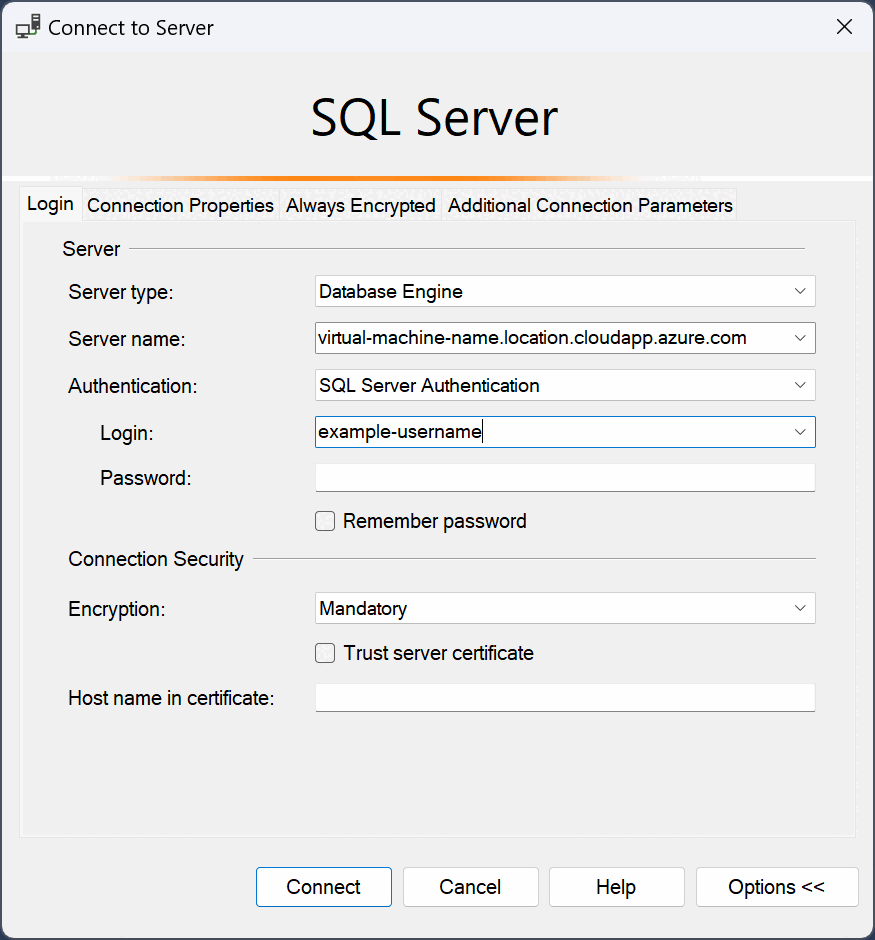 SQL 虚拟机的连接对话框的屏幕截图。