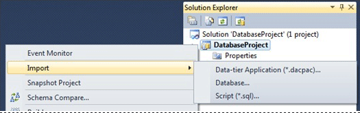 Visual Studio SSDT 中 SQL 项目的导入菜单的屏幕截图。