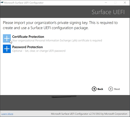 显示选择“选择证书保护”的屏幕截图。