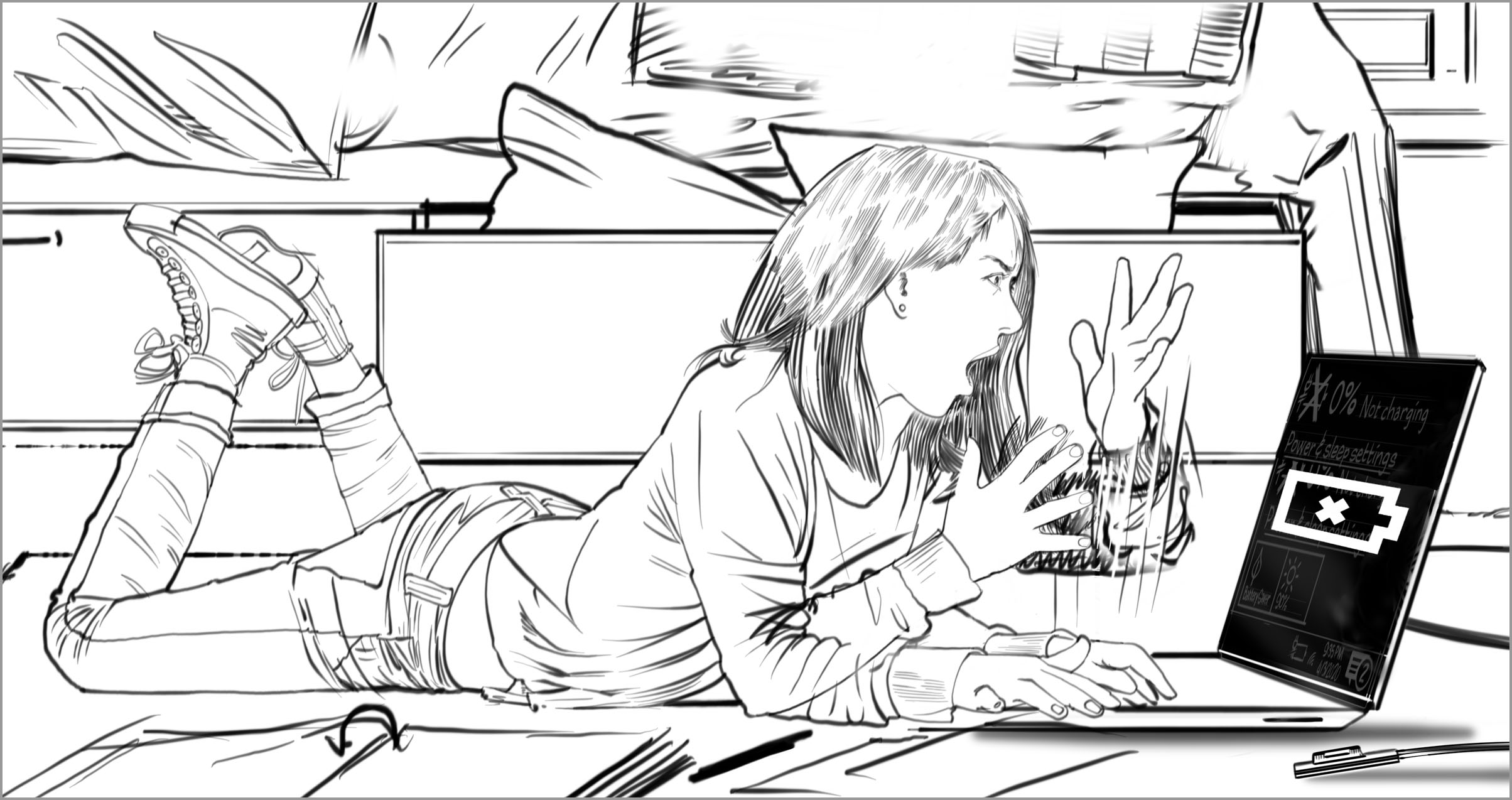 一位年轻女子在笔记本电脑上工作时被笔记本包围着。她举起双手惊慌，因为她的笔记本电脑显示一个黑屏，有一个死电池符号。