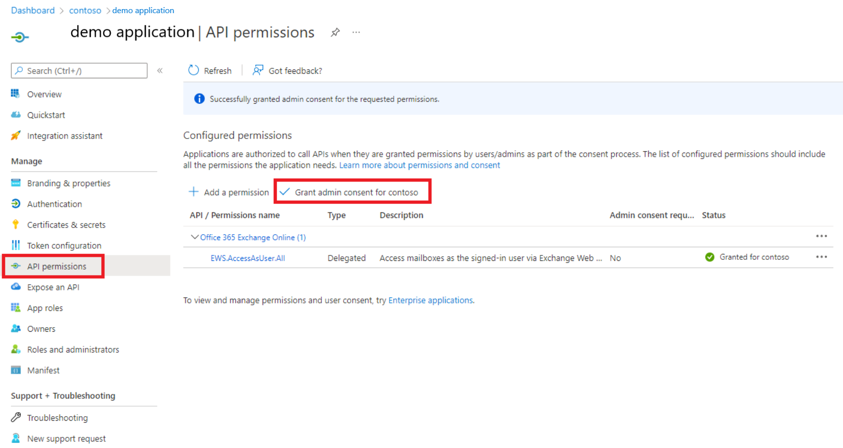 Azure AD 应用 API 权限的屏幕截图。