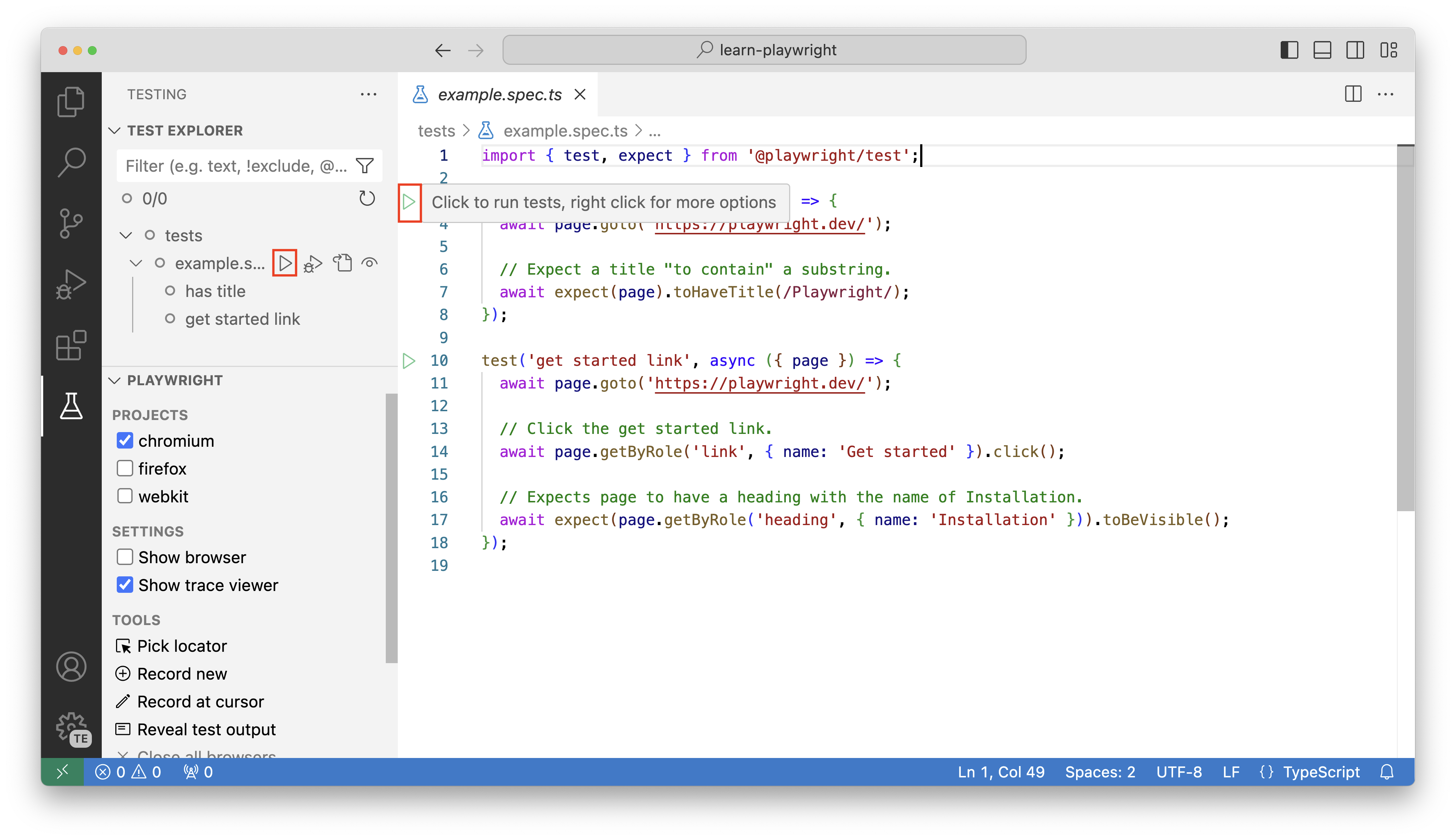 显示如何在 Visual Studio Code 中以无外设方式运行测试的屏幕截图。