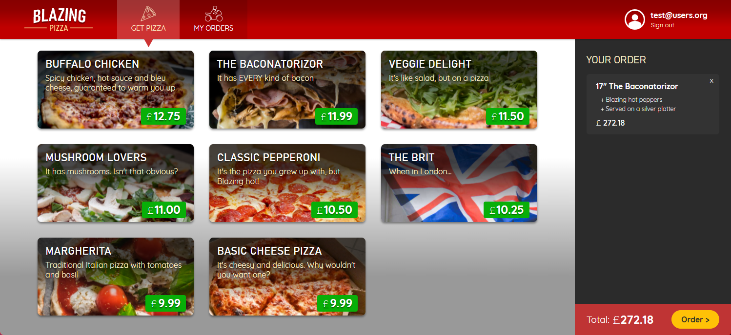 Screenshot of the Blazing Pizza window for placing order.