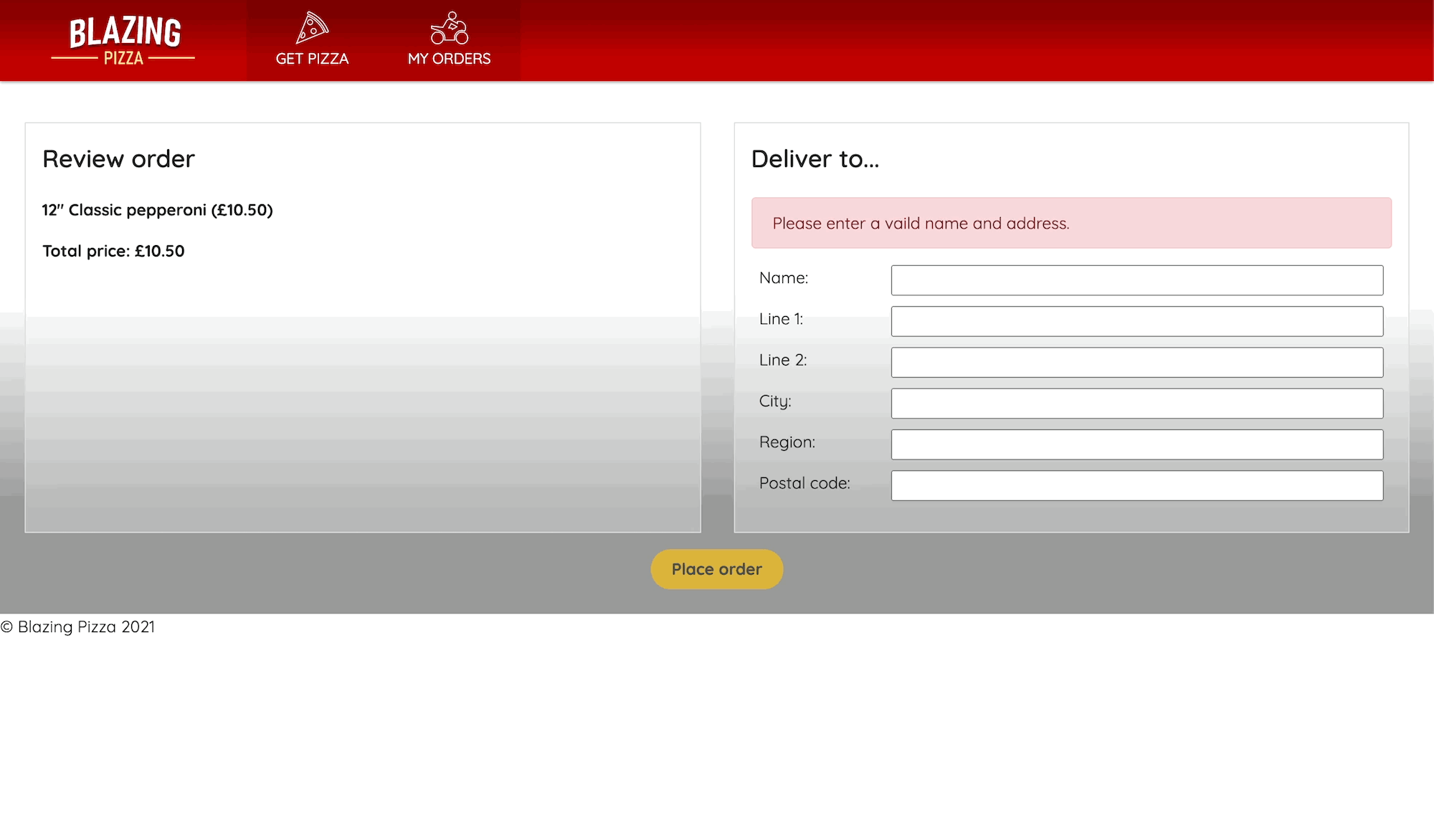 Animated gif showing that the Place order button is disabled until all the fields have correct values.