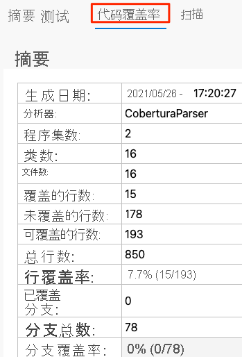 显示“代码覆盖率”选项卡的 Azure Pipelines 的屏幕截图，其中代码覆盖率报告摘要显示 7.7% 的行覆盖率。